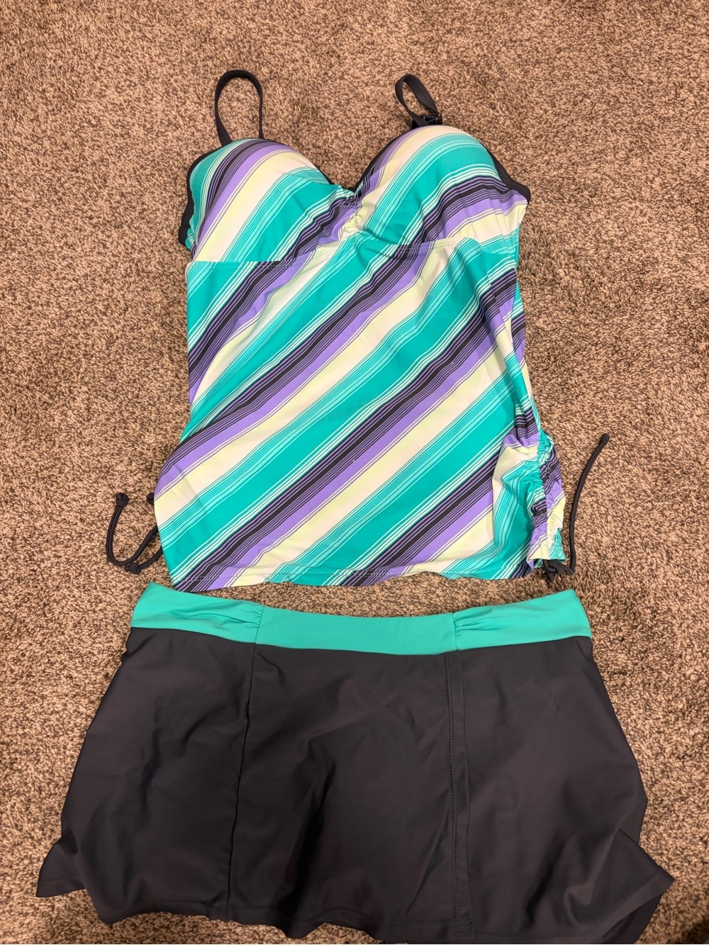 Free Country Teal, Purple, Cream & Black Striped Tankini One-Piece